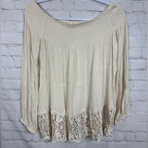 ONETHELAND women's ivory long sleeve crinkle fabric off shoulder top blouse sz L
